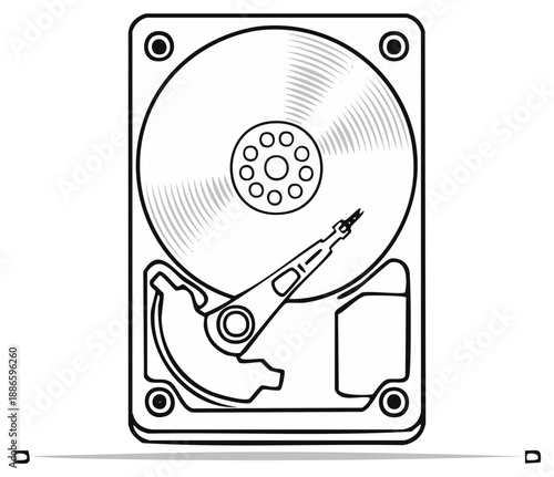 Open Hard Disk Drive Internal Components Vector Line Art Illustration for Data Storage