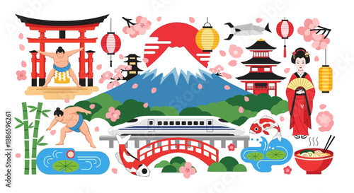 Vibrant illustration of Japanese culture and iconic landmarks, featuring Mount Fuji, sumo, geisha, cherry blossoms, and traditional architecture, perfect for travel and cultural themes