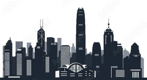 Stylized black and white city skyline silhouette illustration