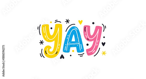 Colorful Yay Text with Decorative Elements on White Background