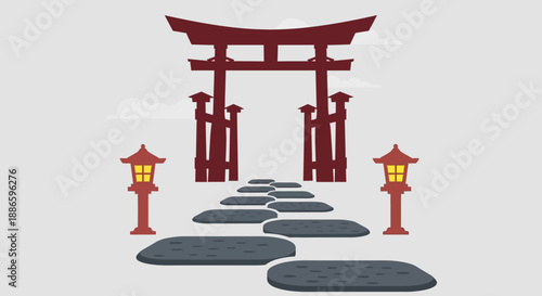 Discover the serene beauty of a traditional Japanese garden pathway leading to a majestic Torii gate, illuminated by ambient lanterns