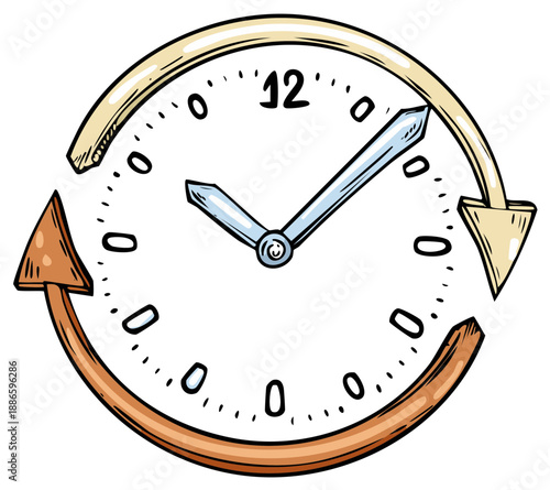 Cartoon clock with arrows around showing time is passing. Concept of efficiency and schedules.