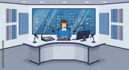 Radio host in a modern studio with microphone and computer broadcasting live