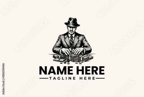 A black and white vector illustration of a man in a suit and fedora sitting at a table with poker chips and cards, with a placeholder name and tagline on a beige background.