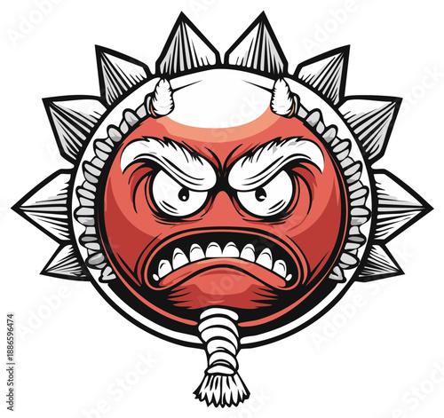 Cartoon of a grumpy face. Illustration of red and white devil. Funny design with evil, angry, monster character.