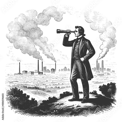 man in a top hat using a telescope to view a smoky industrial city from distance sketch engraving generative ai fictional character vector illustration. Scratch board imitation. Black and white image.