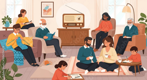 Family and friends gathered in a cozy living room socializing and relaxing together