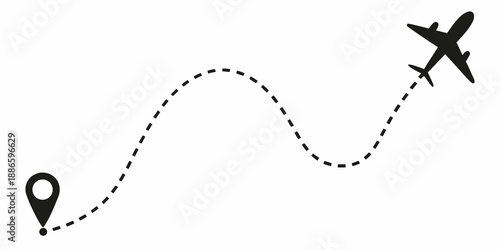 Airplane flight path from a location pin a simple travel illustration
