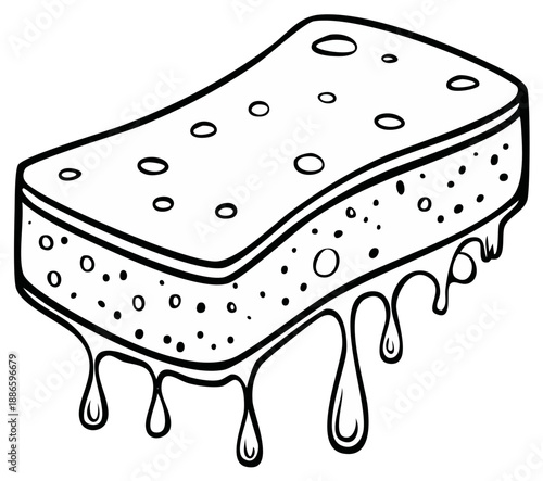 Cartoon wet sponge with dripping water, cleaning concept, black and white