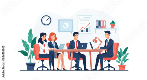 Corporate Business Team Meeting and Collaboration. Flat Vector Illustration of Professionals Discussing Strategy in the Office Conference Room.