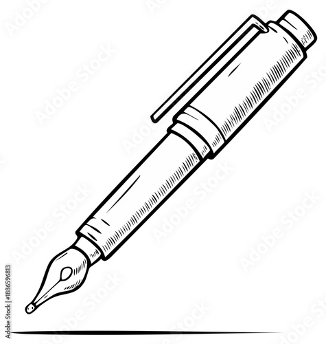 Classic fountain pen with clip drawing on white background