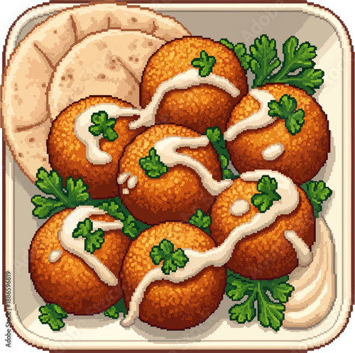 A Plate of Delicious Golden Falafel Balls Drizzled with Creamy Sauce and Garnished with Fresh Parsley, Served with Pita Bread