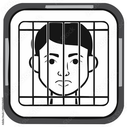 Man in Prison Cell Cartoon Icon. Bars, Sad Expression, Incarceration and Justice, Jail Symbol