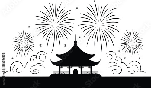 Black silhouette of a chinese pagoda with fireworks exploding in the night sky