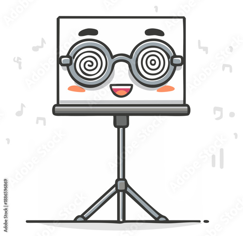 Cheerful Music Stand Character with Swirling Eyes and a Smiling Expression Surrounded by Musical Notes