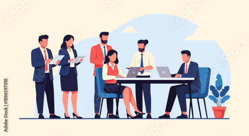 Business Team Collaboration and Strategy Meeting. Corporate Professionals Working Together in Flat Design Illustration.