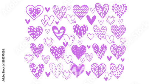 Hand-drawn purple heart pattern with artistic doodle style, perfect for romantic backgrounds, Valentine designs, and creative love illustrations.