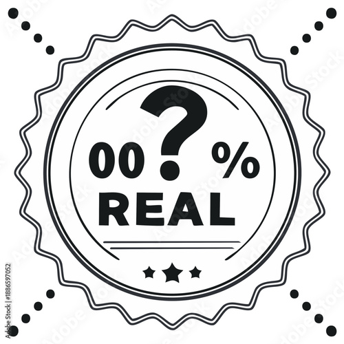 Question Mark and "00% REAL" Text Inside a Circular Emblem with Stars and Dots