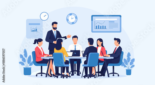 Professional Business Team Meeting. Manager Presenting Strategy to Corporate Staff. Collaboration, Data Analysis, and Leadership Vector Illustration.