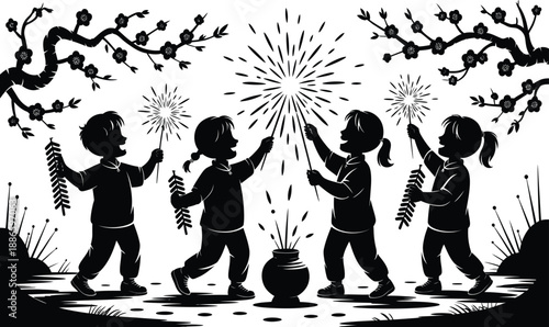 Black and white illustration of children playing with fireworks on a with trees and flowers