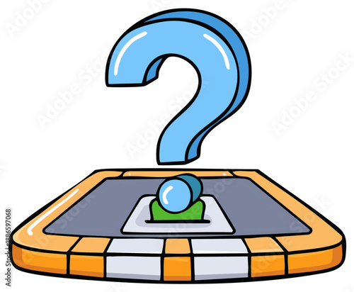 Blue question mark symbol on a digital quiz button or pedestal illustration