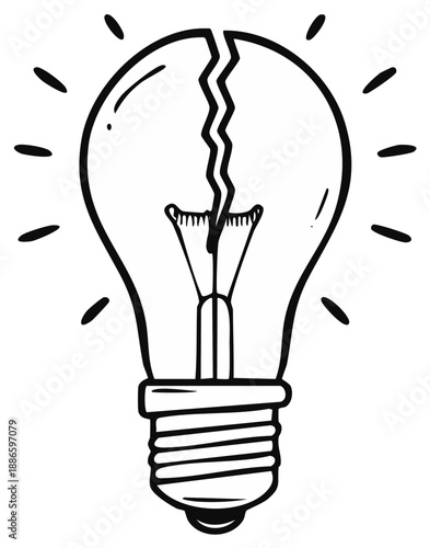 Broken light bulb with radiating lines symbolizing a failed idea or lack of inspiration in a hand drawn style