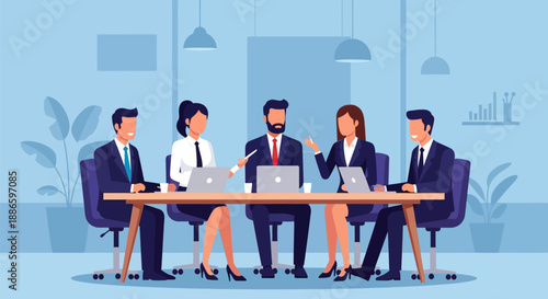 Business Team Meeting Illustration. Group of Professionals Collaborating at Conference Table in Modern Office. Corporate Strategy and Teamwork Concept.