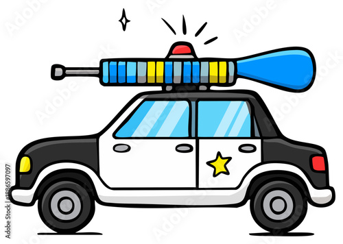 Cartoon Police Car with Siren and Star Badge Features a Playful Design Perfect for Children's Illustrations and Animated Projects