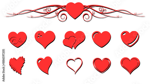 Collection of red heart icons and decorative love symbols for romantic designs, Valentine cards, wedding graphics, and emotional concepts.