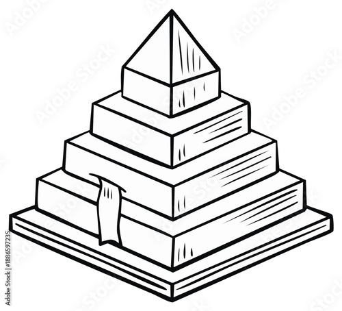 Stacked books forming a pyramid structure with a bookmark