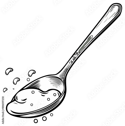 Silver Spoon Containing Liquid with Small Droplets Splashing, Isolated Line Art Illustration