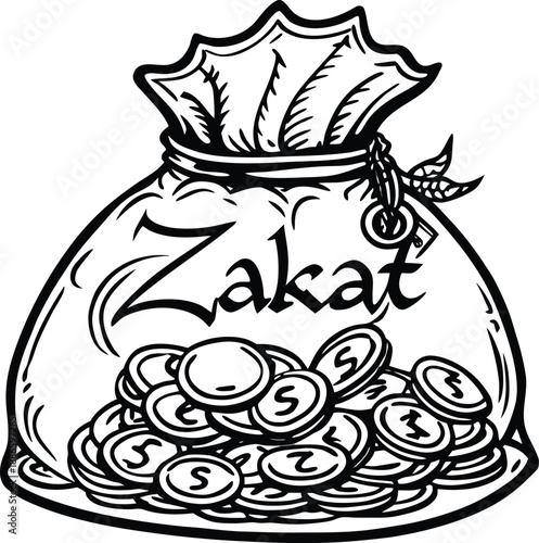 Zakat bag with coins line art illustration for Ramadan and Islamic charity concept.