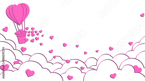 Dreamy illustration of heart-shaped hot air balloon floating above clouds, representing love, dreams, and romantic imagination.