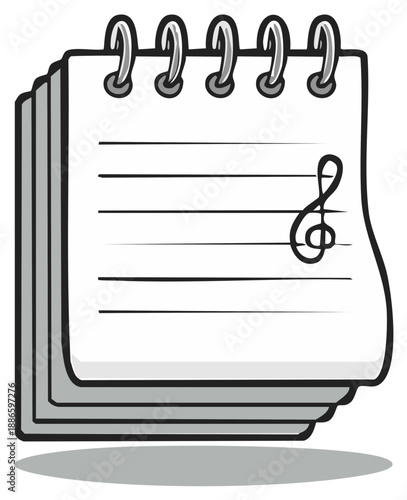 Cartoon drawing of spiral bound notebook with musical treble clef for recording