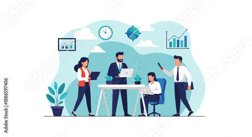 Teamwork and Business Meeting Illustration. Professional office workers collaborating on strategy, analyzing data, and managing time for project success. Flat vector design.