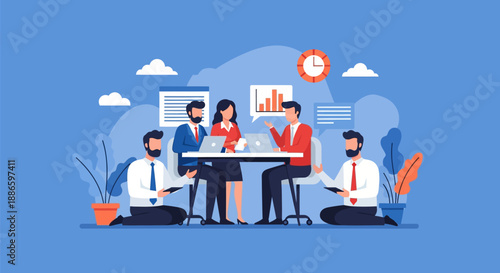Corporate Business Team Meeting: Flat Design Vector Illustration of Strategy, Brainstorming, and Workplace Collaboration.