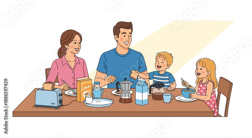 Family having breakfast together at the dining table with cereal and milk in a cozy home environment from a straight-on viewpoint