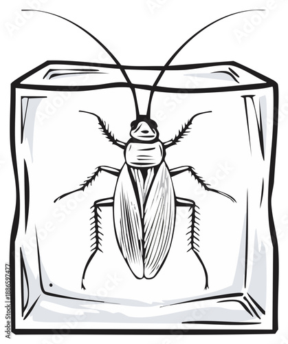 Illustration of a trapped cockroach inside a transparent container, vector style.