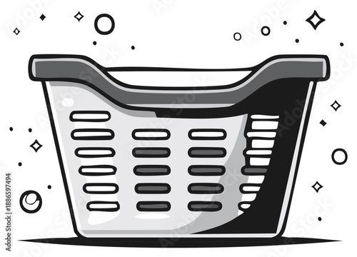 Simple black and white illustration of a plastic laundry basket with handles and open design