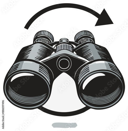 Binoculars with circular arrow indicating search and exploration