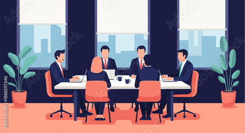 Corporate Business Team Strategy Meeting. Flat Design Illustration of Professionals Collaborating in an Office Boardroom.