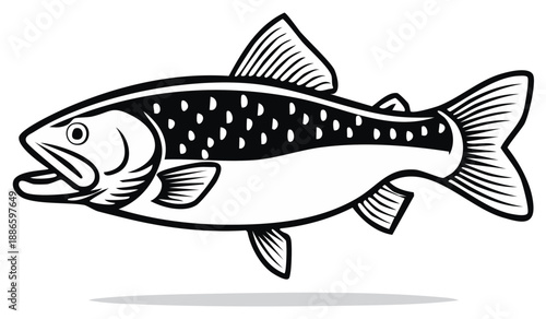 Vector Illustration of a Black and White Trout Fish with Open Mouth and Spots