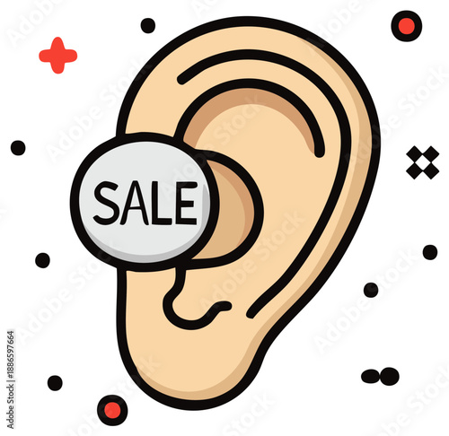 Attention Getting Sale Promotion with Graphic Ear and Sale Button Vector Illustration