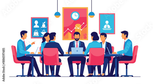 Business Team Meeting Illustration. Corporate Professionals Discussing Strategy and Financial Growth in the Boardroom. Flat Vector Design Isolated.