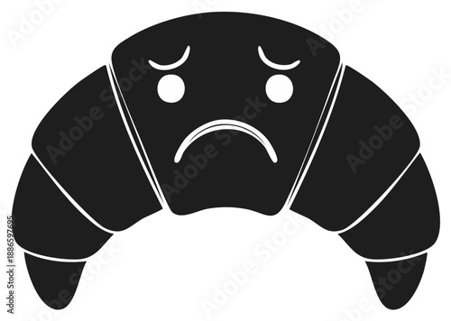 Sad croissant illustration, black and white design, food concept.
