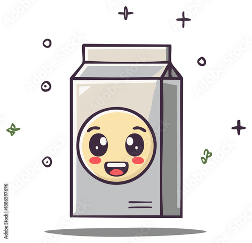 Cute kawaii milk carton character with happy face and sparkling effects