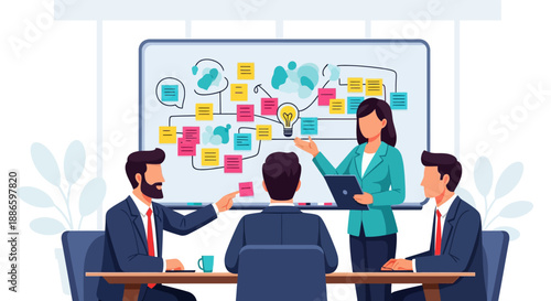 Agile Brainstorming Meeting Illustration. Business Team Planning Strategy, Idea Generation, and Project Management with Sticky Notes.