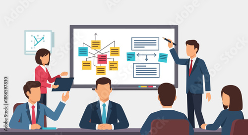 Business Team Planning Strategy on Whiteboard, Presenting Flowchart and Workflow Diagram During Corporate Meeting or Training Session.