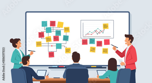 Team Brainstorming Session: Business People Collaborating on Strategy, Data Analysis, and Project Planning Using Sticky Notes and Whiteboard Diagrams.