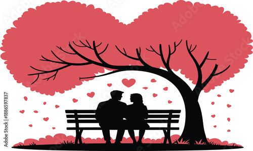 Couple sitting on a bench under a pink heart shaped tree